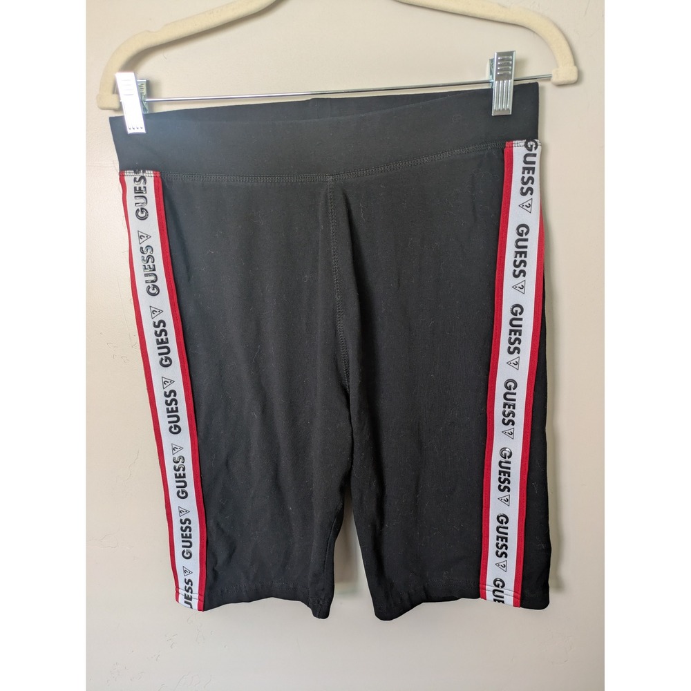 GUESS Women Black Biker Shorts Side Logo Tape Athletic Athleisure Size L